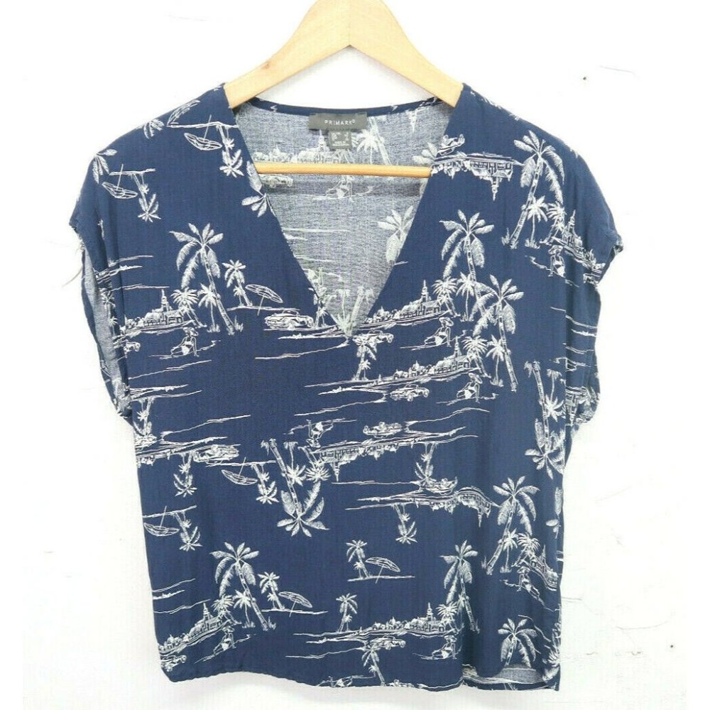 PRIMARK T SHIRT NAVY BLUE ISLAND BEACH 100% VISCOS